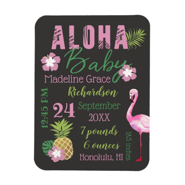 Aloha Baby Pink & Green Tropical Baby Birth Stats Magnet (Vertikal)