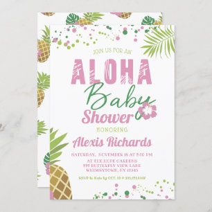 Aloha Baby Pink & Green Tropical Girl Baby Dusche Einladung