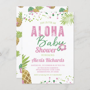 Aloha Baby Pink & Green Tropical Girl Baby Dusche Einladung