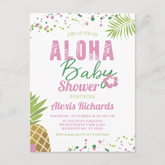 Aloha Baby Pink & Green Tropical Girl Baby Dusche Einladungspostkarte (Vorderseite)