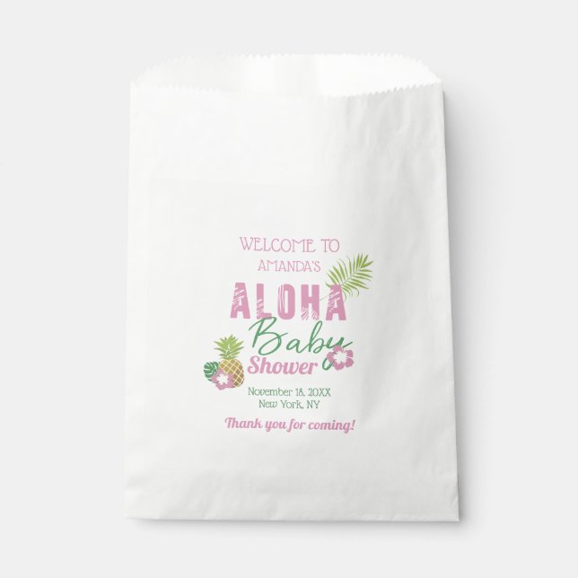 Aloha Baby Pink & Green Tropical Girl Baby Dusche Geschenktütchen (Vorderseite)