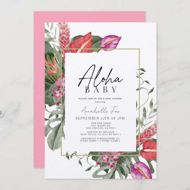 Aloha Baby Pink & Red Tropical Floral Baby Dusche Einladung (Vorne/Hinten)