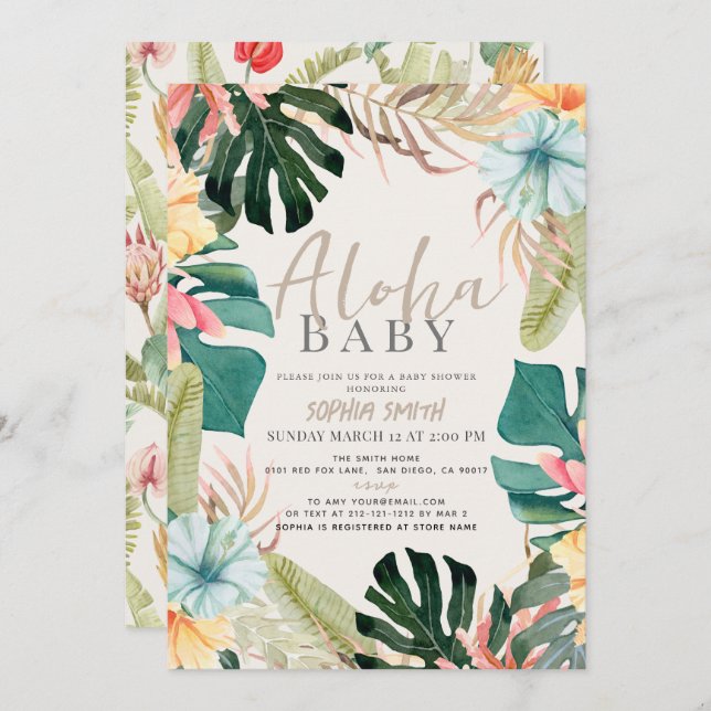 Aloha Baby Tropical Floral Baby Dusche Einladung (Vorne/Hinten)