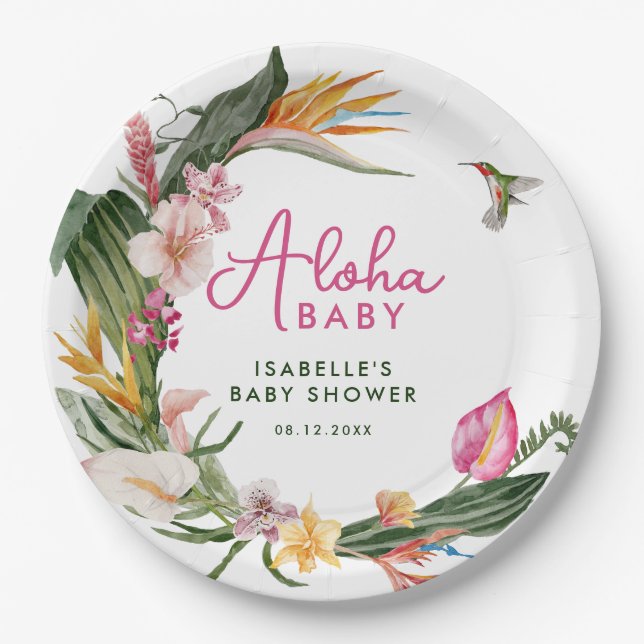Aloha Baby Tropical Floral Wreath Baby Dusche Pappteller (Vorderseite)