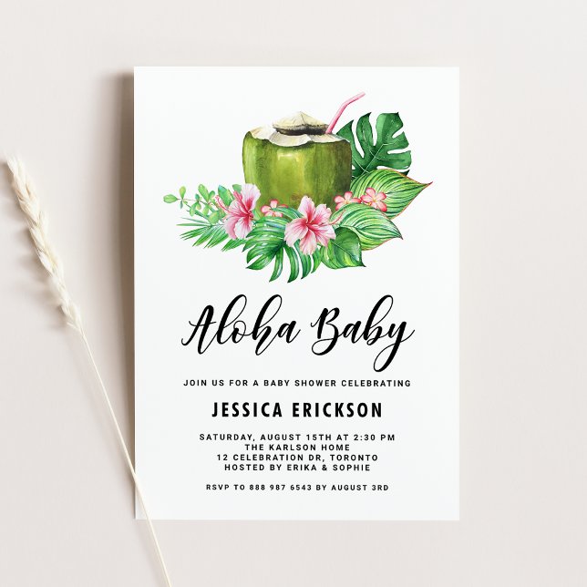 Aloha Baby Watercolor Coconut Summer Baby Dusche Einladung (Von Creator hochgeladen)