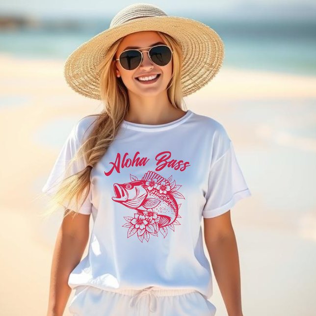 Aloha Bass-Fisherman Style-Cherry Red T-Shirt (Aloha Bass, Hawaiian, Fisherman Core Style, Tropical Flowers, Beach t shirt, summer t shirt, Cherry)