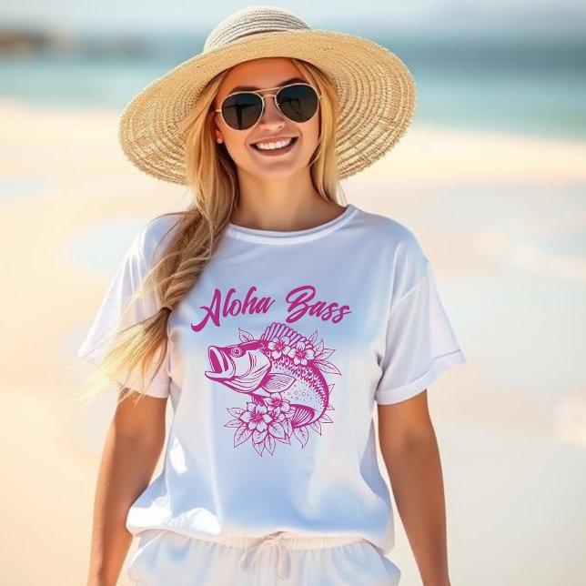 Aloha Bass-Fisherman Style Pink T-Shirt (Aloha Bass, Hawaiian, Fisherman Core Style, Tropical Flowers, Beach t shirt, summer t shirt, Pink)