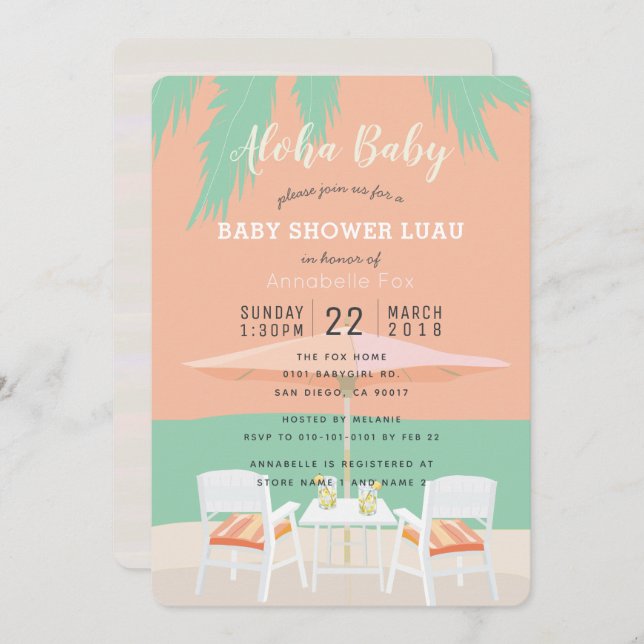 Aloha Beach Coral Pink Baby Dusche Einladung (Vorne/Hinten)
