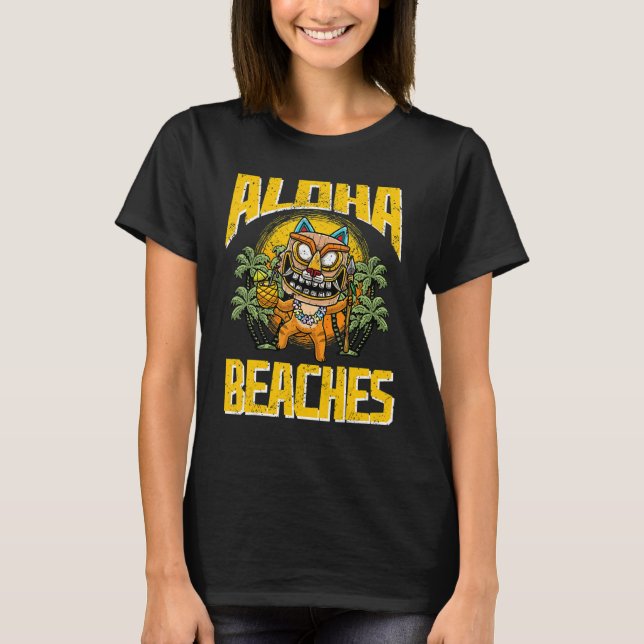 Aloha Beaches Hawaiian Cat Wear Tiki Maske Luau T-Shirt (Vorderseite)
