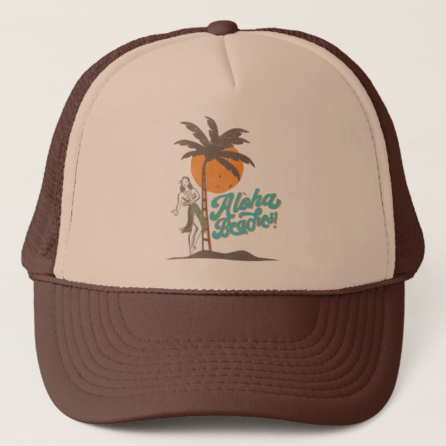 Aloha Beaches Hula Girl Hawaii Hawaii Retro Truckerkappe (Vorderseite)