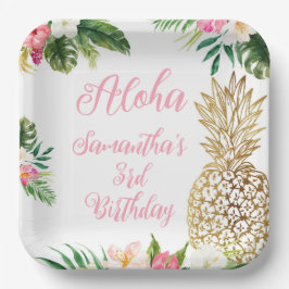 Aloha Birthday Luau Hawaiian Gold Ananas Pappteller