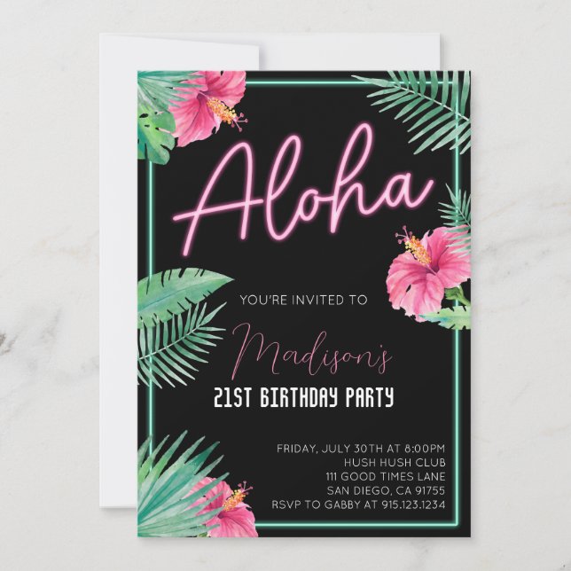 Aloha Black Floral Geburtstagsparty Einladung (Vorderseite)
