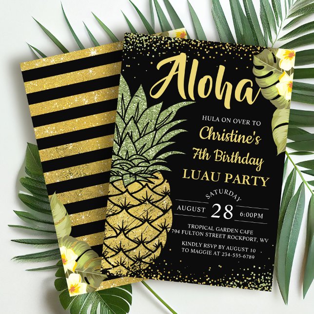 Aloha Black Gold tropische Ananas Geburtstag Einladung (Von Creator hochgeladen)