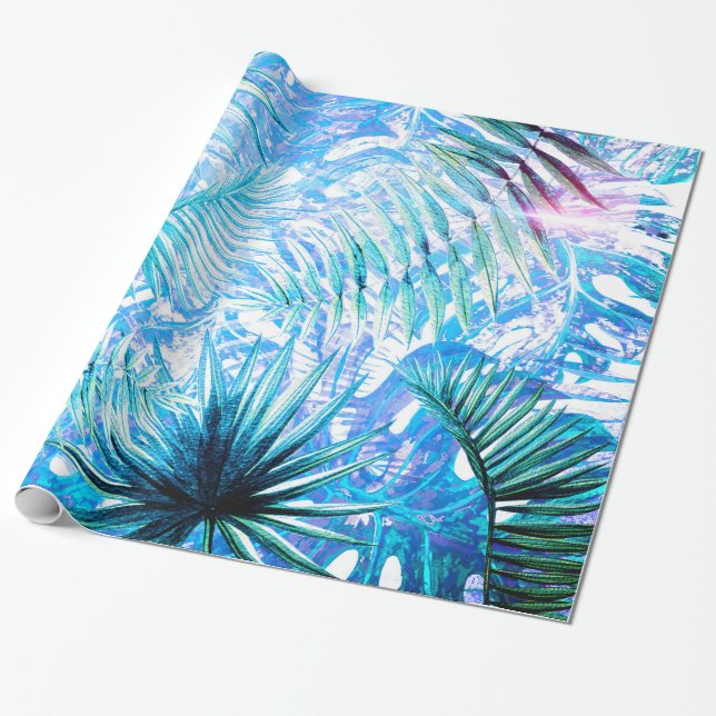 Aloha- Blue Tropical Palm und Monstera Garden Geschenkpapier (Ungerollt)