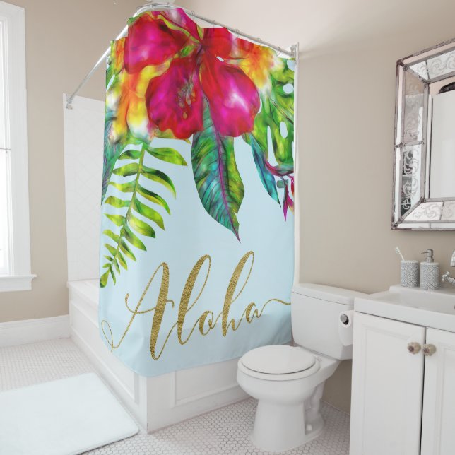 Aloha Bright Electric Pop Tropical Floral Duschvorhang (Beispiel)