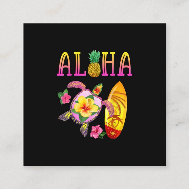 Aloha Cool Kawaii Turtle Surfboard Hawaii Quadratische Visitenkarte (Vorderseite)