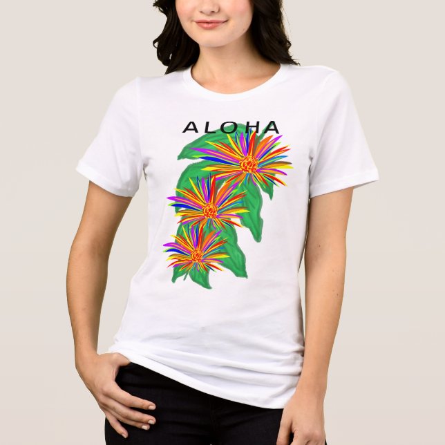Aloha farbenfrohe tropische Blume Grüne Blätter Tri-Blend Shirt (Vorderseite)