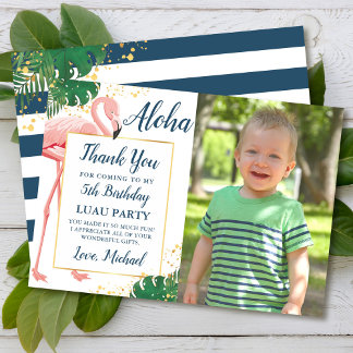 Aloha Flamingo Blue Gold Tropical Birthday Foto Dankeskarte