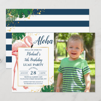 Aloha Flamingo Blue Gold Tropical Birthday Foto Einladung