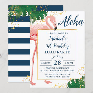 Aloha Flamingo Blue Gold Tropical Luau Birthday Einladung
