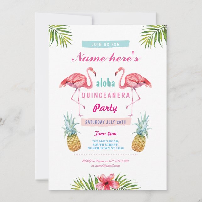 Aloha Flamingo Quinceanera Geburtstagsparty Einlad Einladung (Vorderseite)