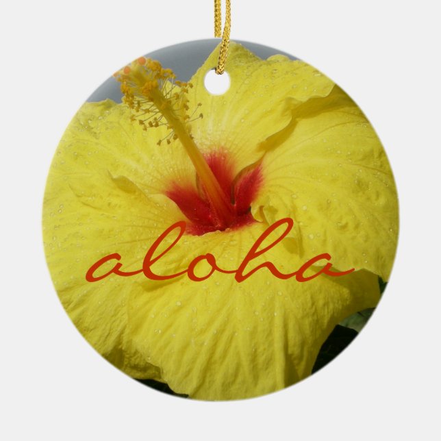 Aloha, gelber Hibiskus Hawaiis Keramik Ornament (Vorne)
