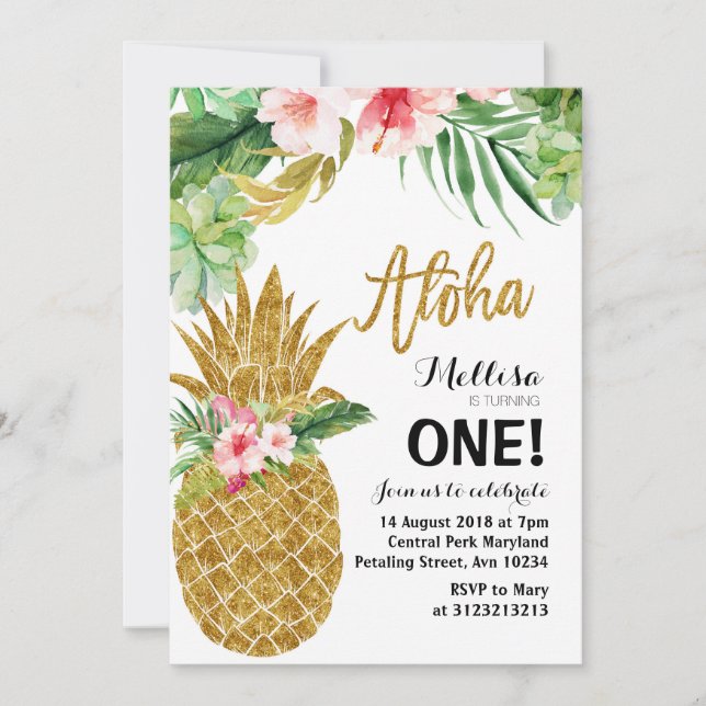 Aloha Gold Ananas Einladung zum ersten Geburtstag (Vorderseite)