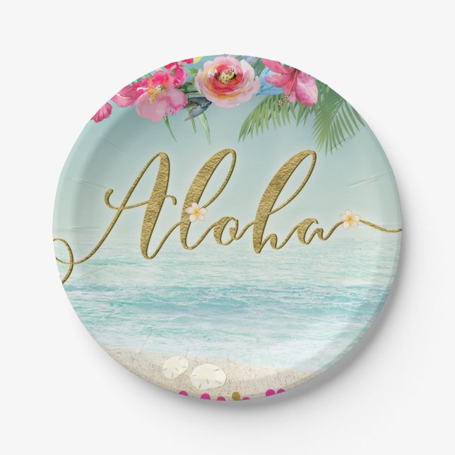 ALOHA Gold Tropical Beach Hibiskus Blume Pappteller (Vorderseite)