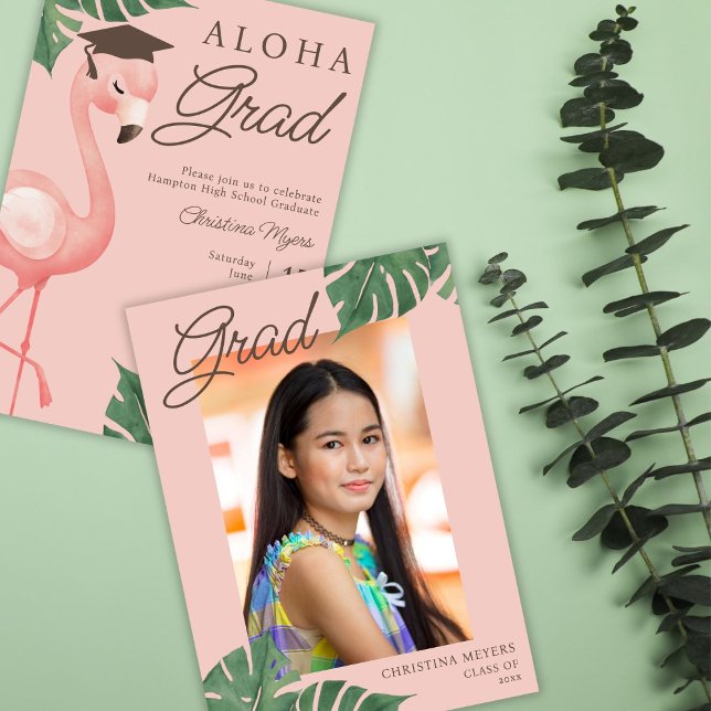 Aloha Grad Pink Flamingo Tropical Girl Abschluss Einladung (Von Creator hochgeladen)