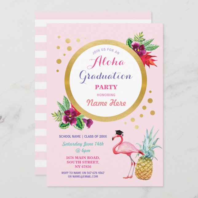 Aloha Graduation Party Flamingo Einladung Tropical (Vorne/Hinten)