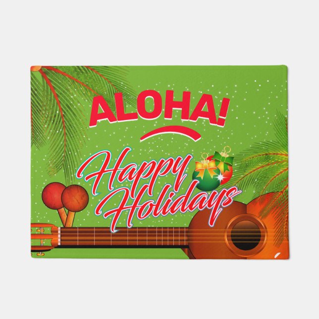 ALOHA Happy Holidays mit Ukulele und Palm Fußmatte (Vorderseite)