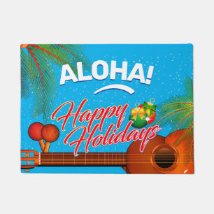 ALOHA Happy Holidays mit Ukulele und Palm Fußmatte