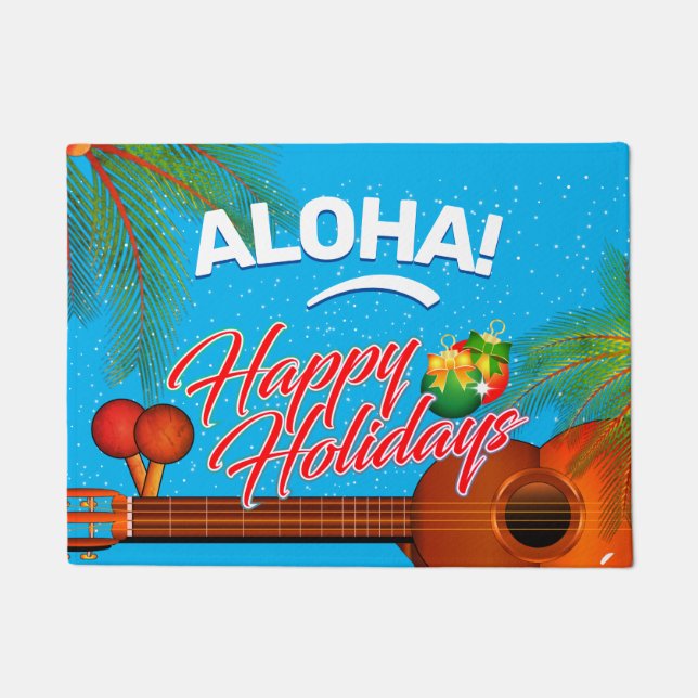 ALOHA Happy Holidays mit Ukulele und Palm Fußmatte (Vorderseite)