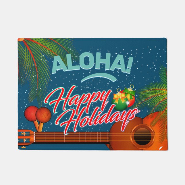 ALOHA Happy Holidays mit Ukulele und Palm Fußmatte (Vorderseite)