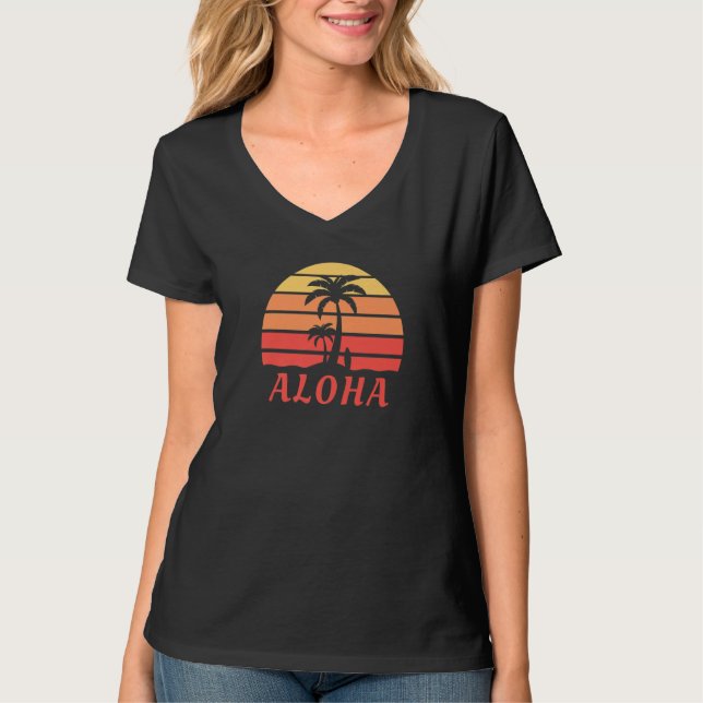 Aloha Hawaii Hawaiian Island Palm Trees Beach Surf T-Shirt (Vorderseite)