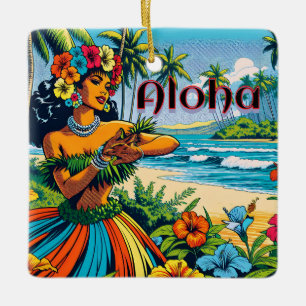 Aloha Hawaii Hula Dancer am Strand Keramikornament