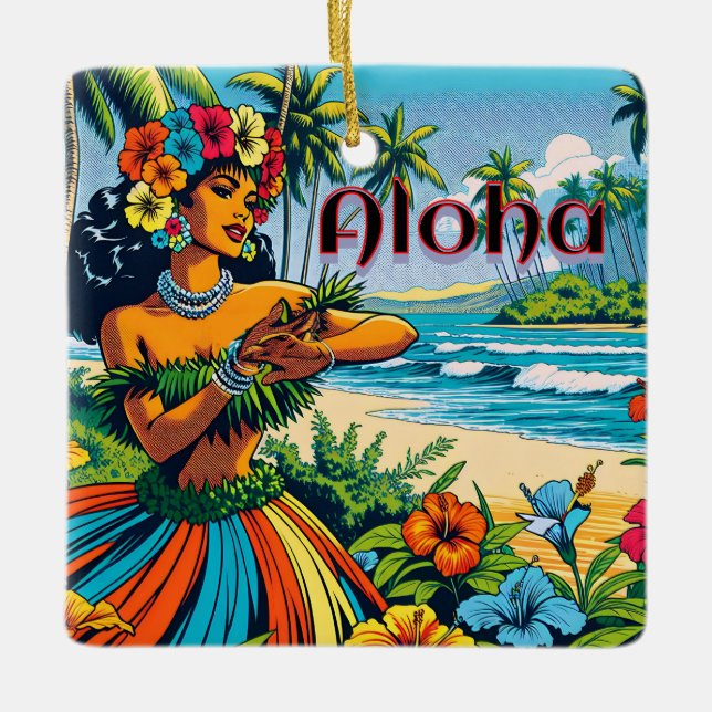 Aloha | Hawaii Hula Dancer am Strand Keramikornament (Vorderseite)