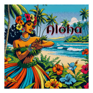 Aloha   Hawaii Hula Dancer am Strand Poster
