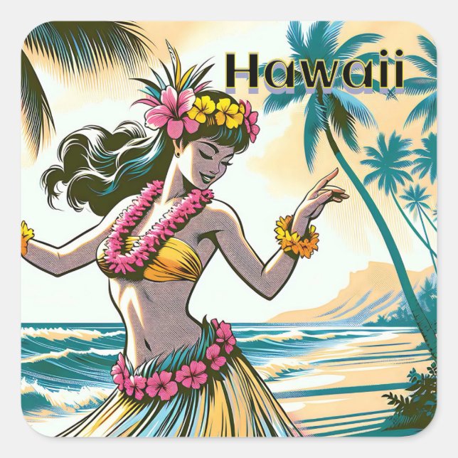 Aloha | Hawaii Hula Dancer am Strand Quadratischer Aufkleber (Vorderseite)
