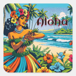 Aloha | Hawaii Hula Dancer am Strand Quadratischer Aufkleber