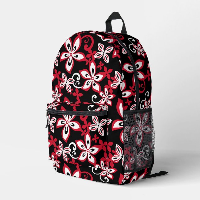 ALOHA HAWAII-PATTER IN SCHWARZ/ROT DRUCKRÄUMEN BEDRUCKTER RUCKSACK (Rückseitige Ecke Rechts)