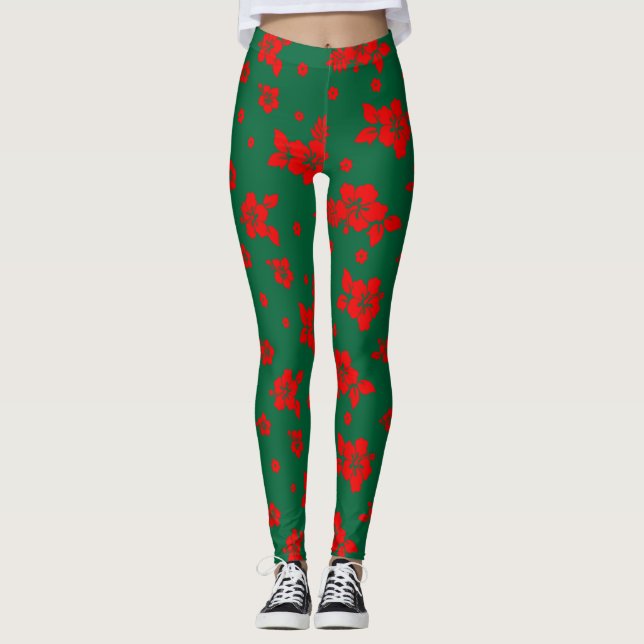 Aloha Hawaii Red über grünes Weihnachtsmuster Leggings (Vorderseite)