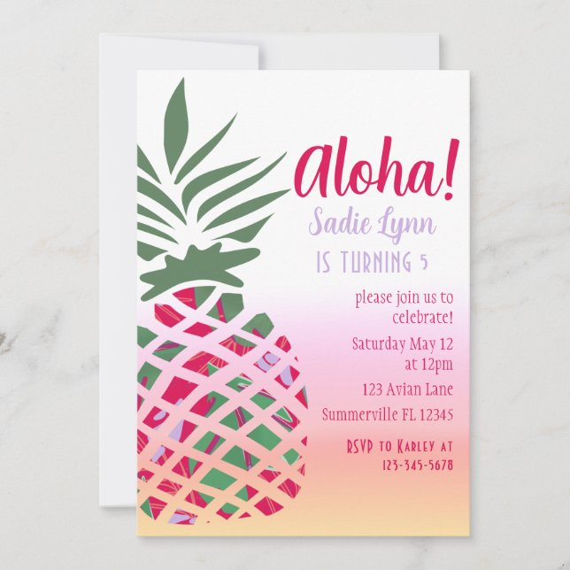 Aloha Hawaiian Ananas Girls Birthday Einladung (Vorderseite)