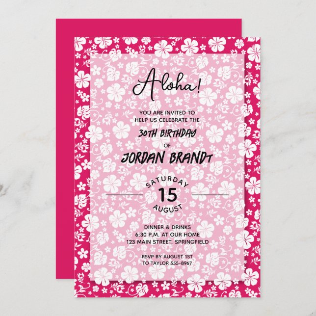 Aloha Hawaiian Floral Hot Pink Birthday Party Einladung (Vorne/Hinten)