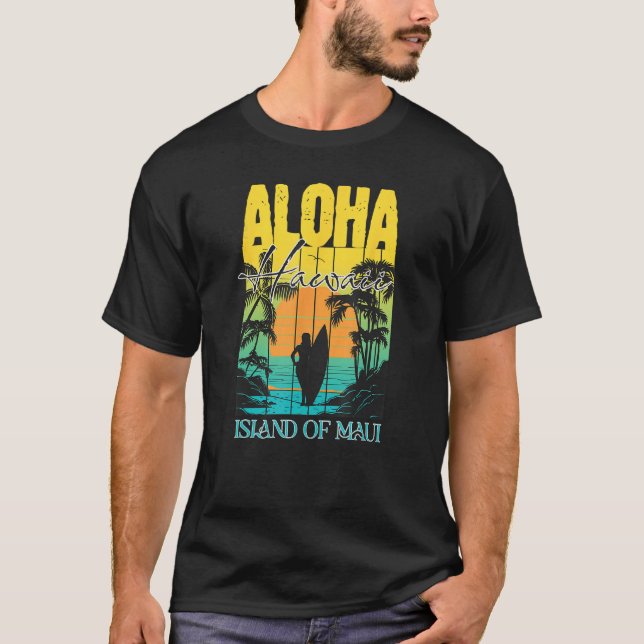Aloha Hawaiian Island Maui Surfer Sunset Palm Tree T-Shirt (Vorderseite)