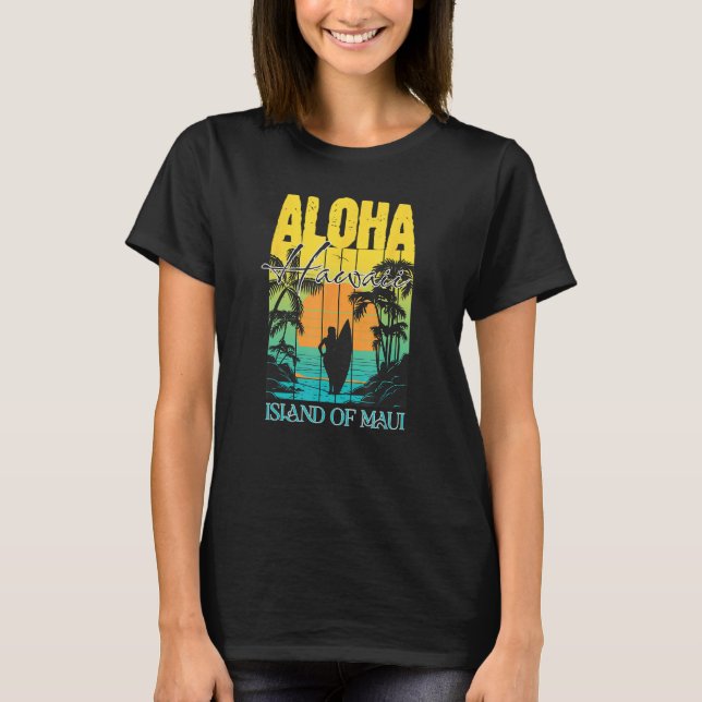 Aloha Hawaiian Island Maui Surfer Sunset Palm Tree T-Shirt (Vorderseite)