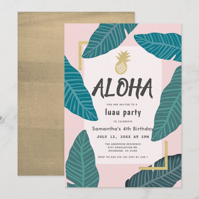 Aloha Hawaiian Luau Ananas Blush Pink Geburtstag Einladung (Vorne/Hinten)