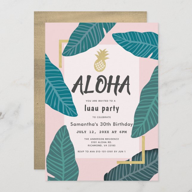Aloha Hawaiian Luau Pineaple Pink Erwachsene Gebur Einladung (Vorne/Hinten)