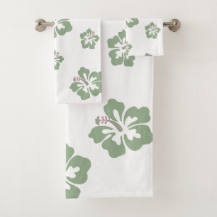 Aloha Hibiskus Blütenmuster weiß und Salbei grün Badhandtuch Set
