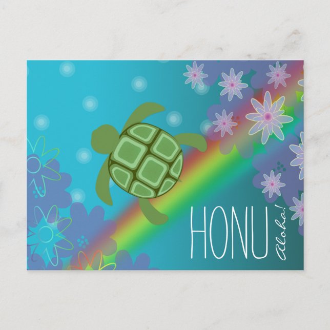 Aloha Honu Beautiful Sea Turtle Rainbow und Blume Postkarte (Vorderseite)
